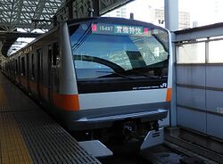 中央線ホームに停車するE233系。 青梅線から乗り入れてきた青梅特快。